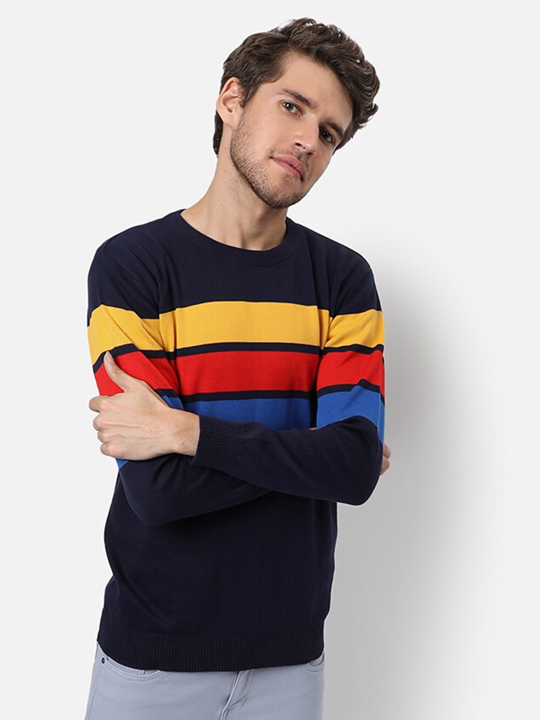 

Campus Sutra Men Black & Blue Striped Pullover