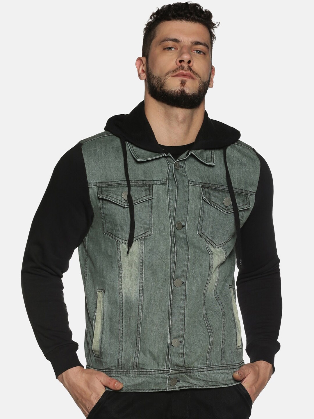 

Campus Sutra Men Grey & Black Washed Windcheater Outdoor Denim Jacket