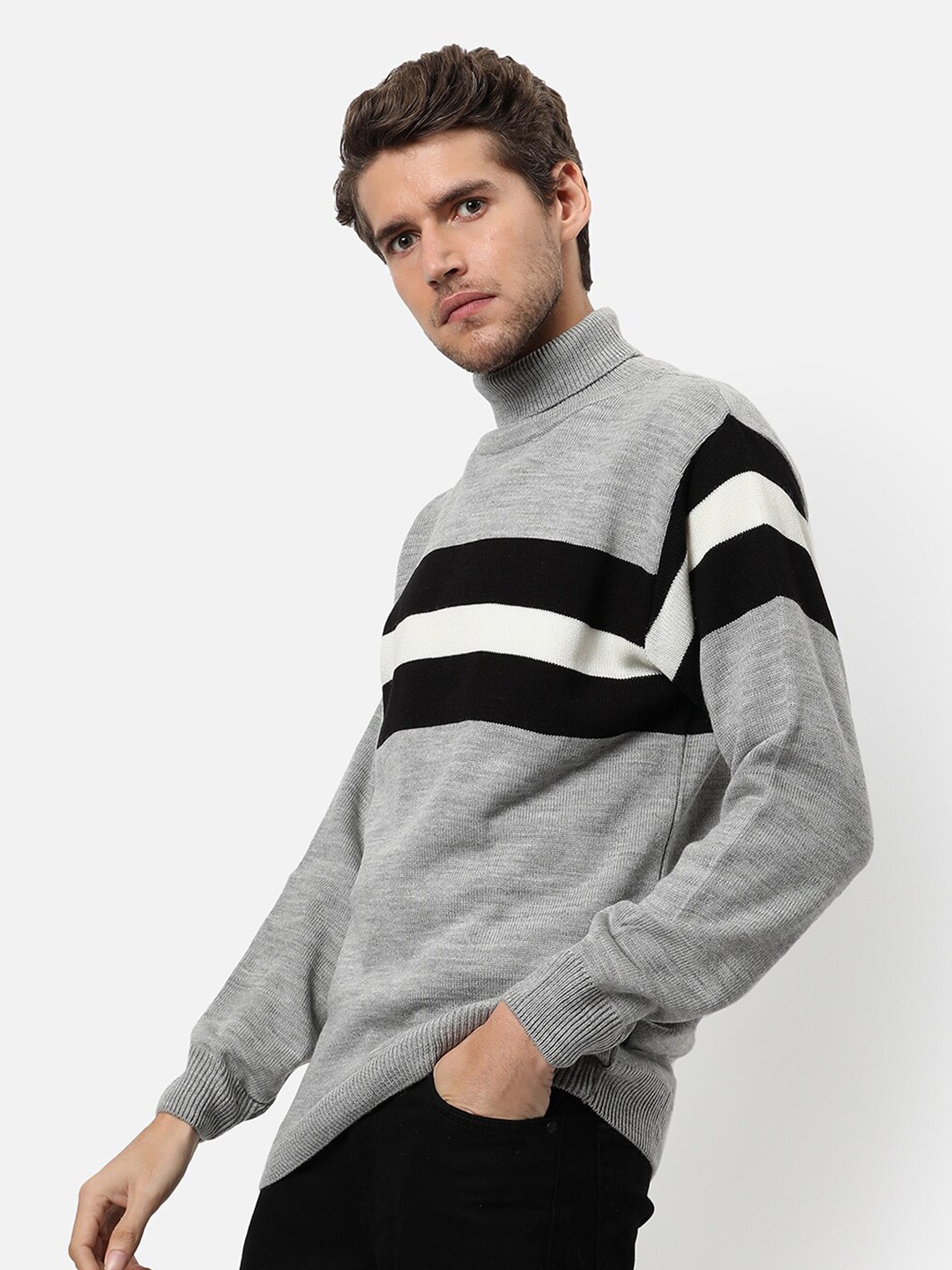 

Campus Sutra Men Grey & Black Striped Pullover