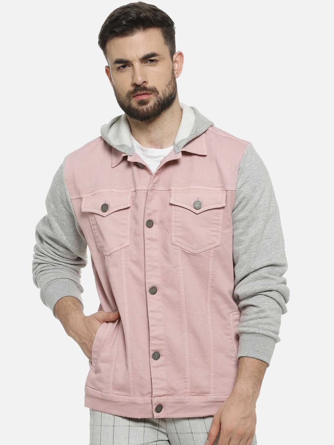 

Campus Sutra Men Pink Grey Windcheater Outdoor Tailored Cotton Jacket