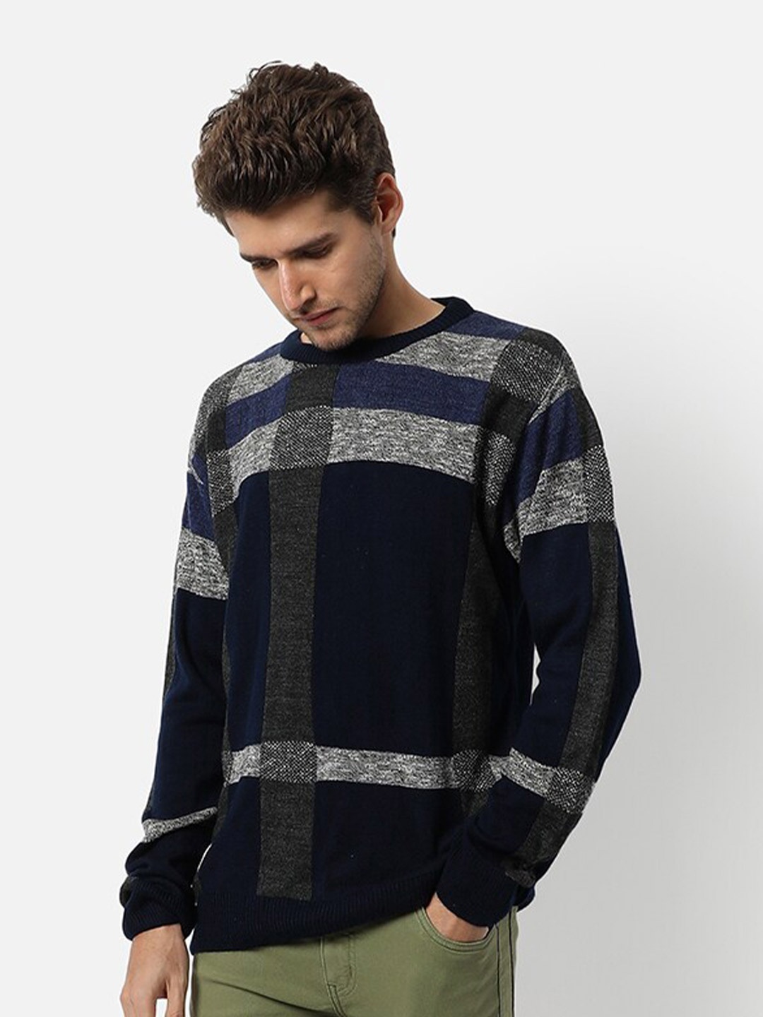 

Campus Sutra Men Navy Blue & Grey Colourblocked Pullover