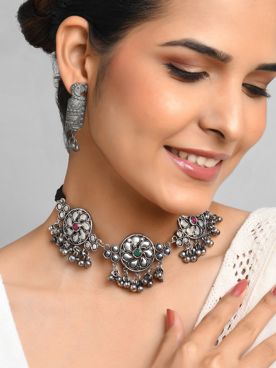 

Fida Oxidised Silver-Plated Red & Green Stone Studded & Beaded Jewellery Set