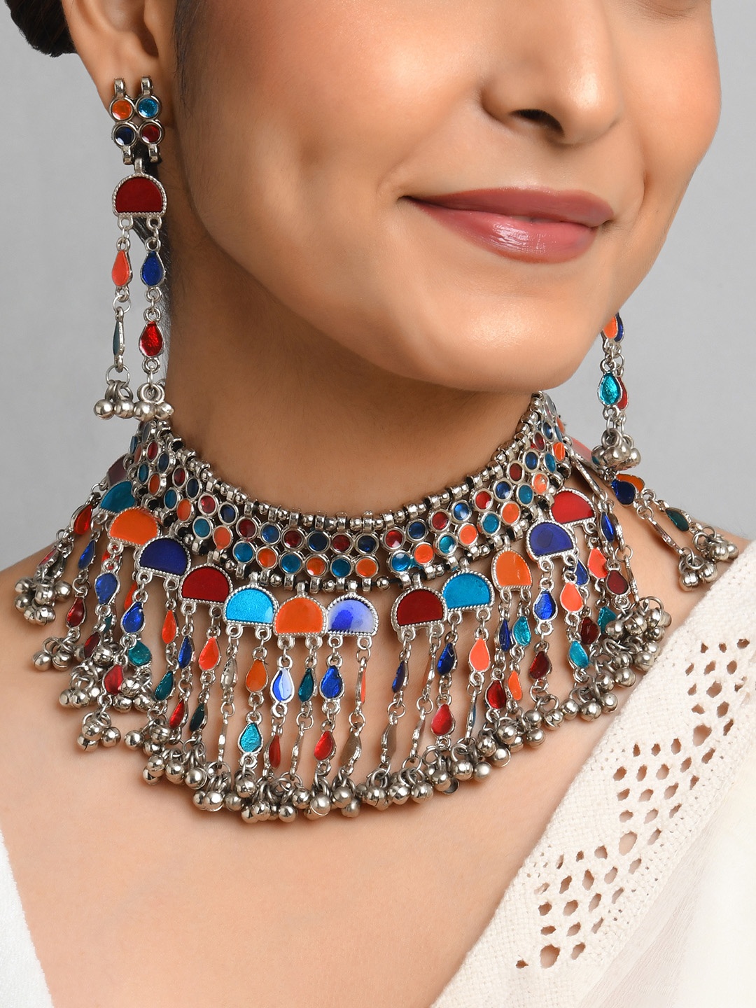 

Fida Women Oxidised Silver-Plated Red & Blue Beaded Jewellery Set