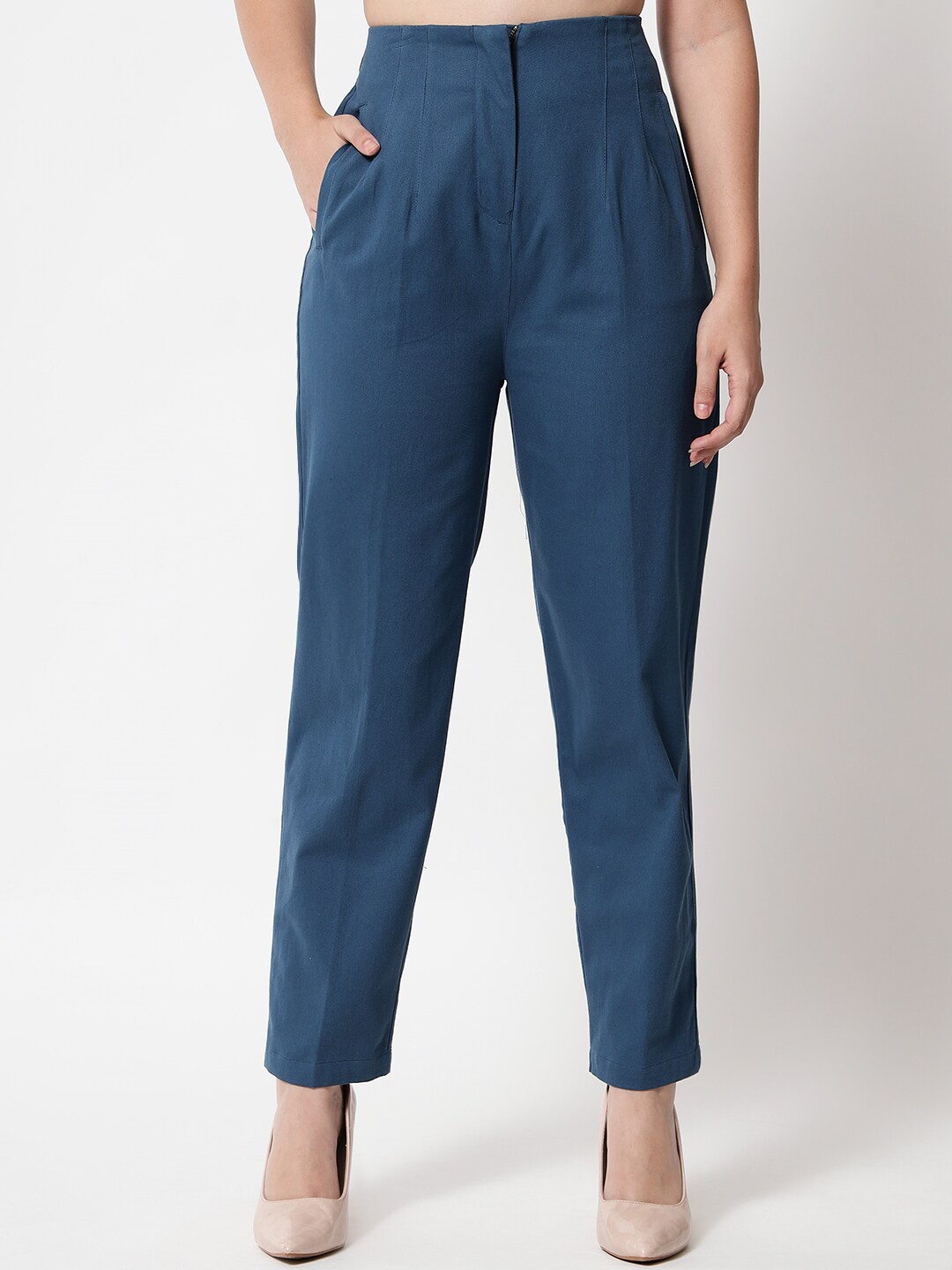 

Orchid Blues Women Blue Tapered Fit High-Rise Pleated Cotton Trouser