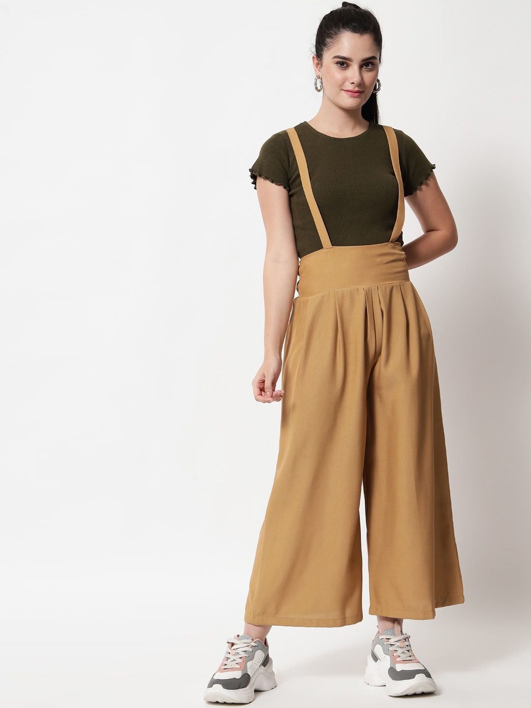 

Orchid Blues Women Beige High-Rise Pleated Dungree Trouser
