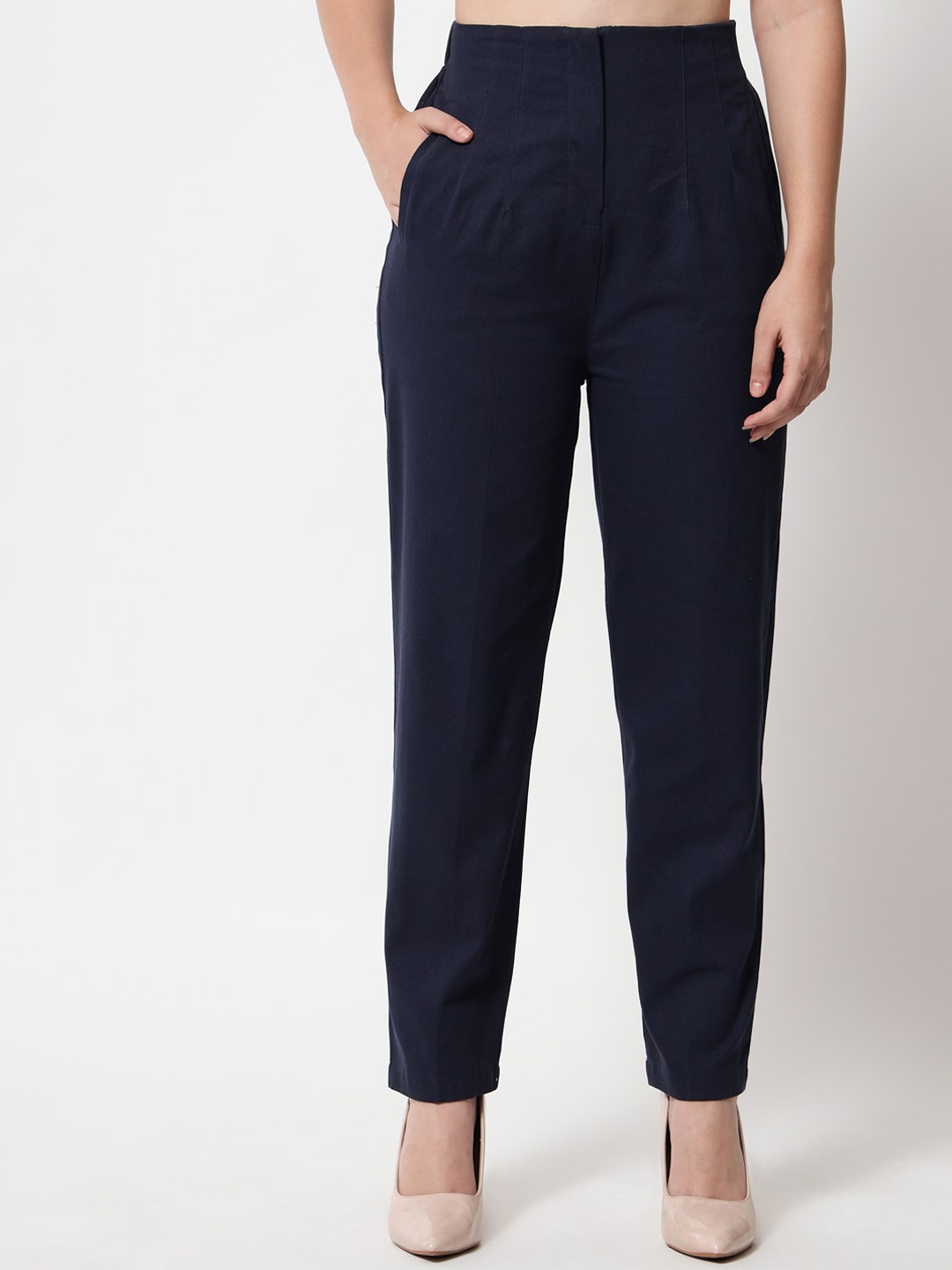 

Orchid Blues Women Navy Blue Tapered Fit High-Rise Pleated Trousers