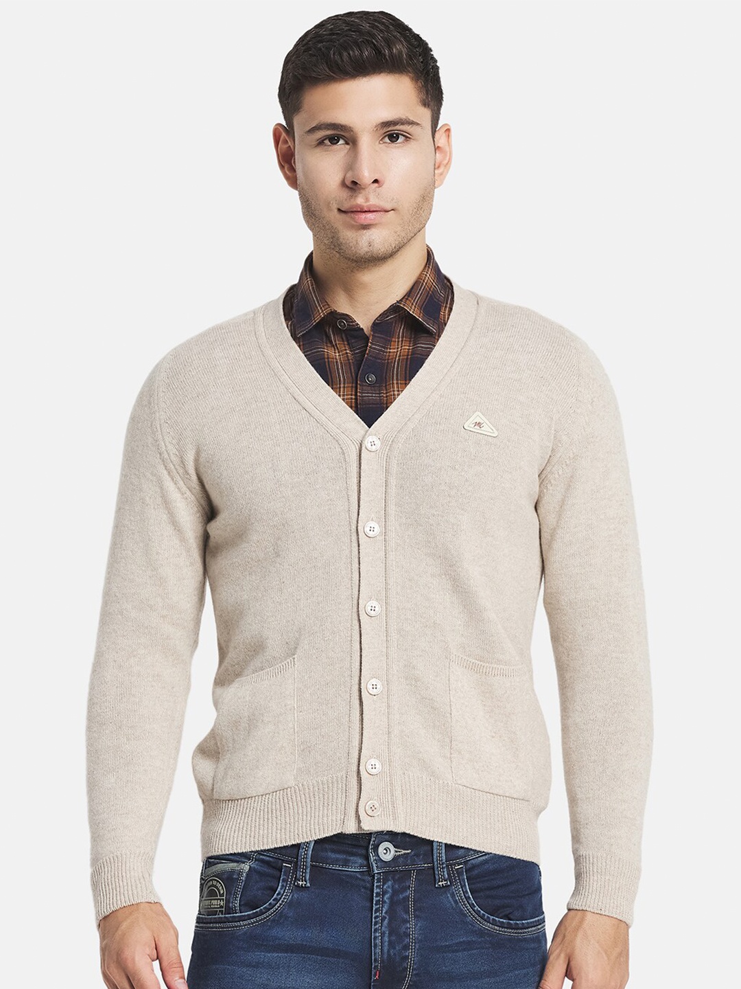 

Monte Carlo Men Beige Solid Lamb Wool Full Sleeves Cardigan Sweater