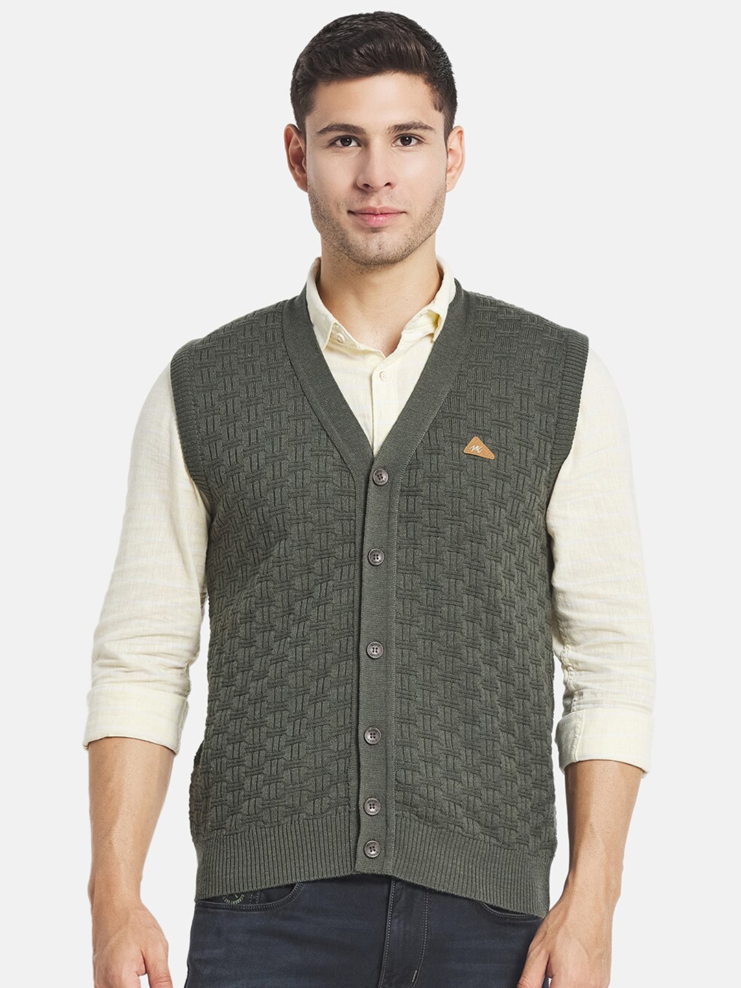 

Monte Carlo Men Olive Green Self Design Wool V Neck Cardigan