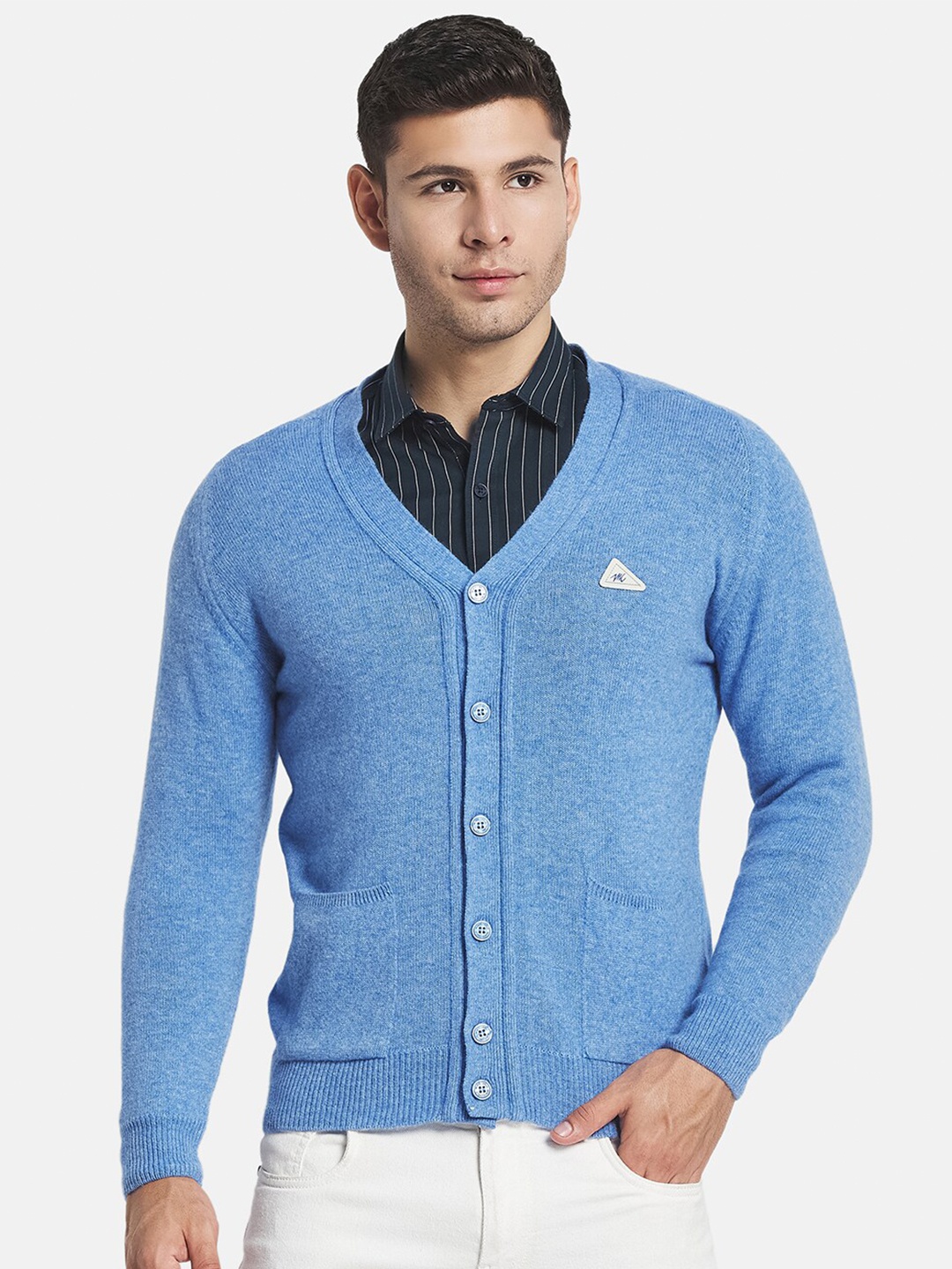 

Monte Carlo Men Blue Solid Wool V Neck Cardigan