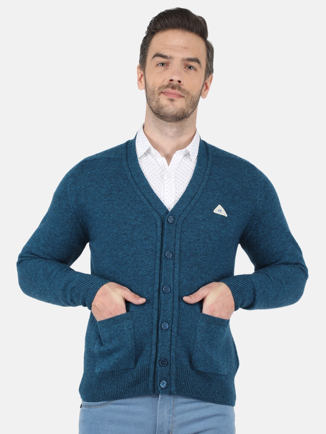 

Monte Carlo Men Blue Solid V Neck Cardigan