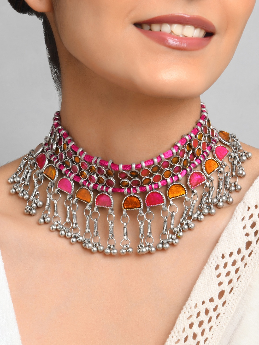 

Fida Silver-Toned & Pink Silver-Plated Layered Necklace