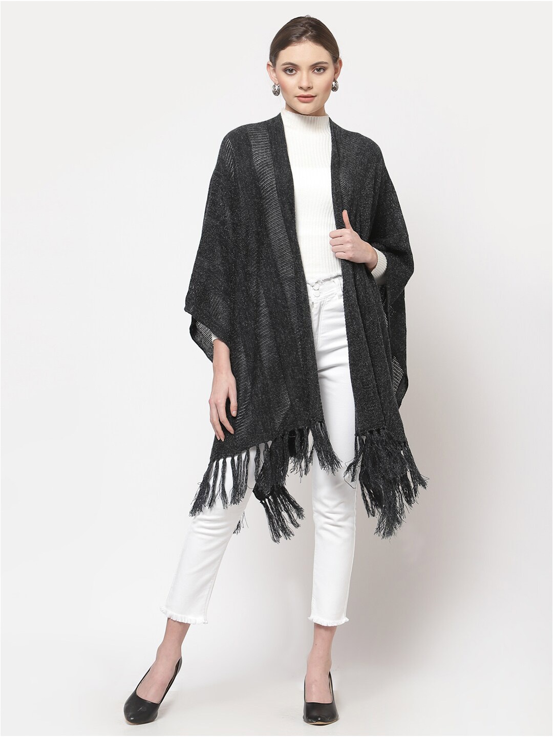 

513 Women Charcoal Tasselled Longline Knitted Kimono Shrug