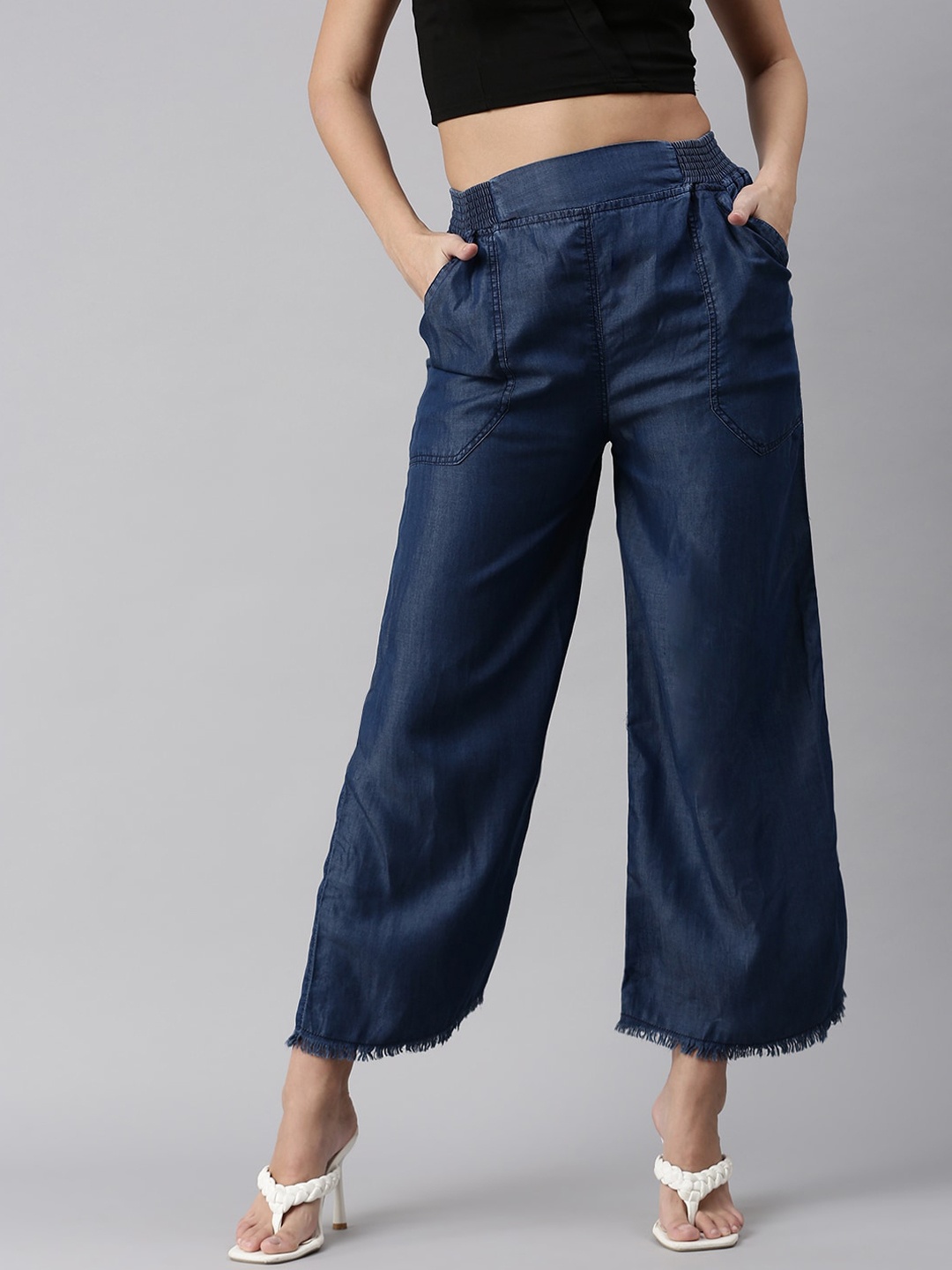 

SHOWOFF Women Navy Blue High-Rise Pleated Trousers