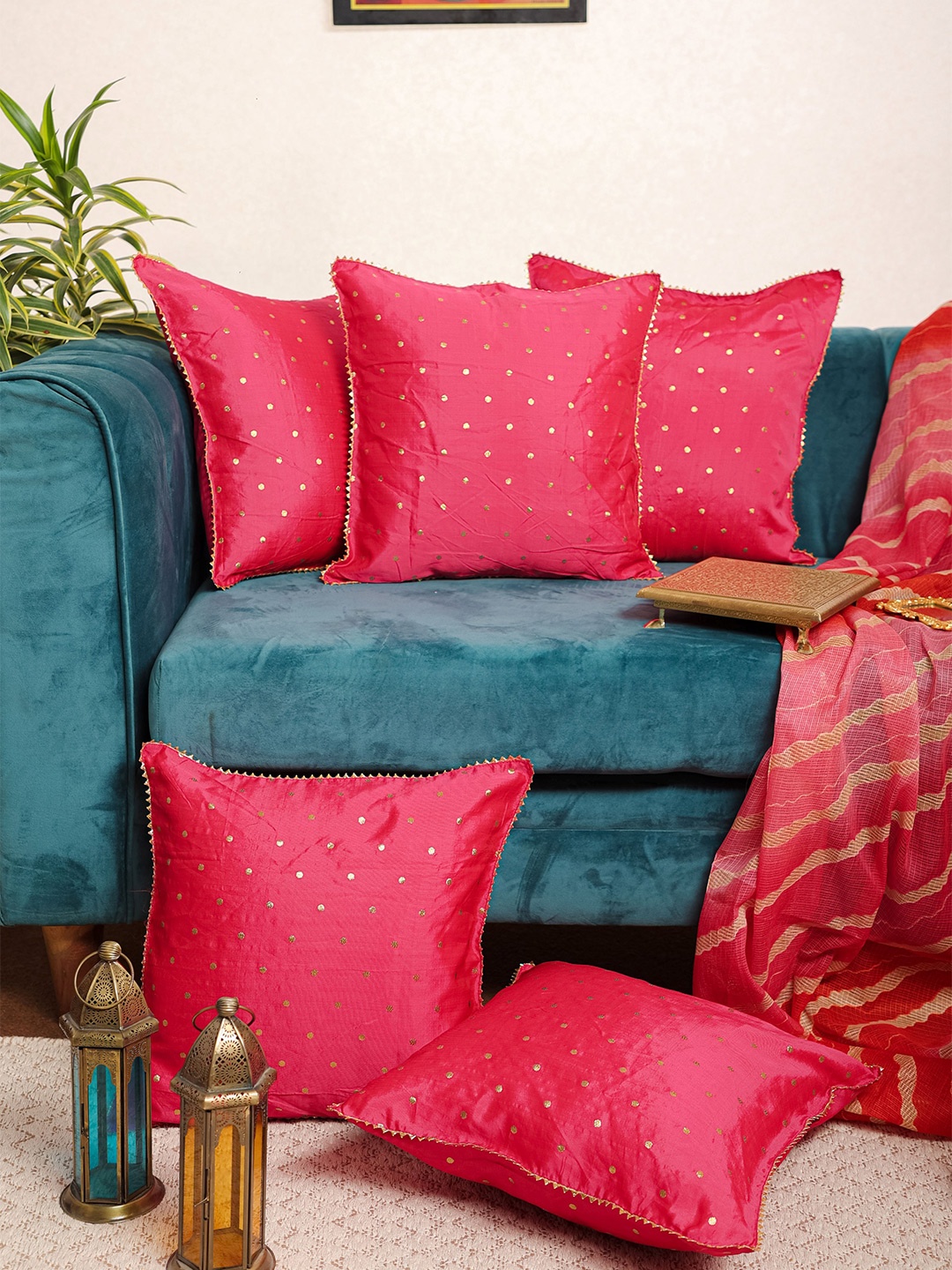 

Jaipur Folk Pack Of 5 Pink & Gold-Toned Geometric Square Cushion Covers