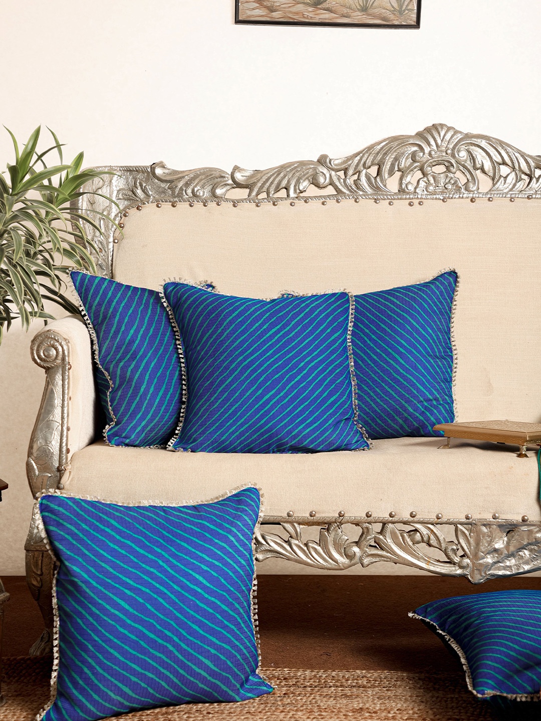 

Jaipur Folk Pack Of 5 Blue & Green Striped Square Cushion Covers