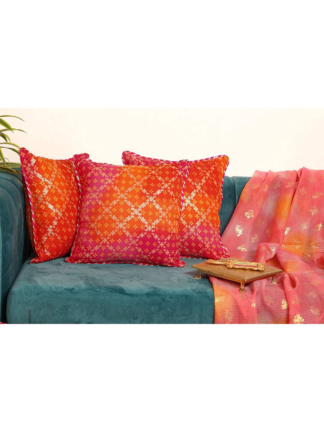 

Jaipur Folk Set of 5 Pink & Orange Ethnic Motifs Embellished Square Cushion Covers