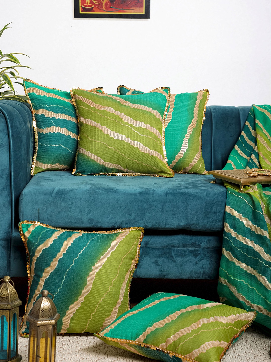 

Jaipur Folk Set of 5 Green & Gold-Toned Embellished Square Cushion Covers
