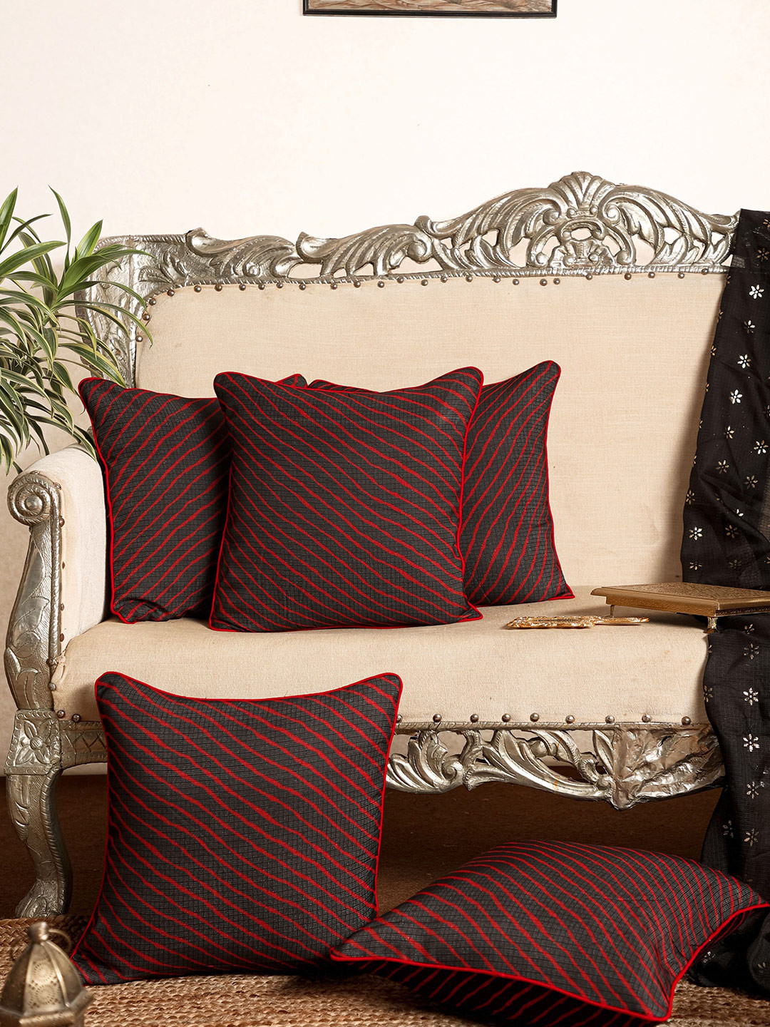 

Jaipur Folk Black & Red Set of 5 Striped Square Cushion Covers