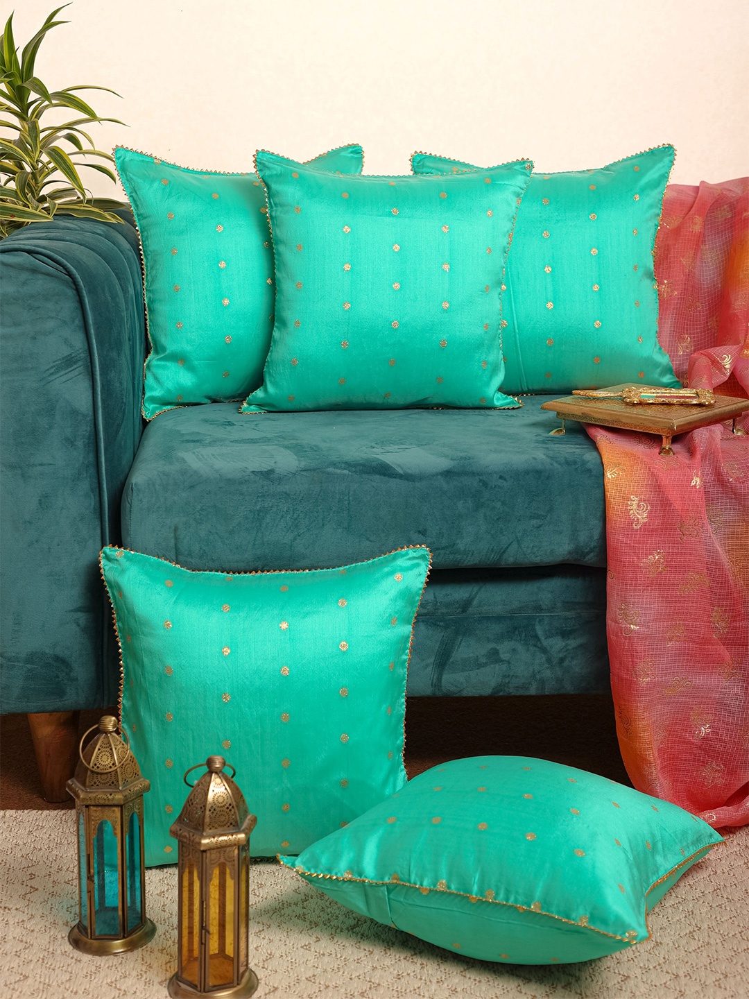 

Jaipur Folk Sea Green & Grey Set of 5 Embellished Square Cushion Covers