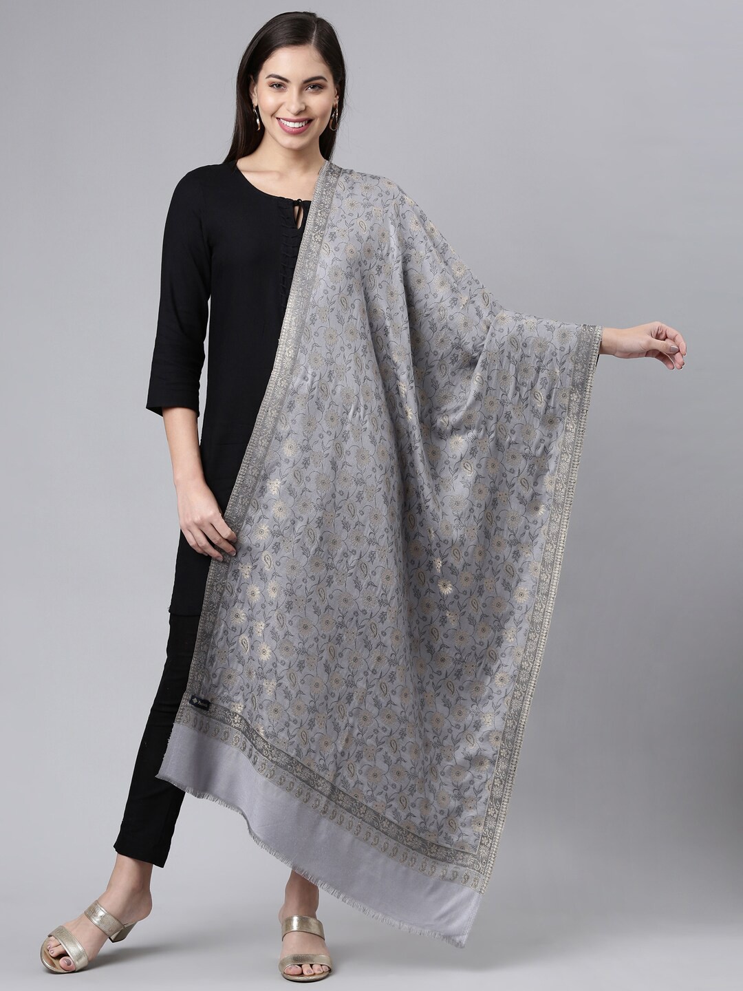 

Pashmoda Women Grey & Black Woven Design Stole