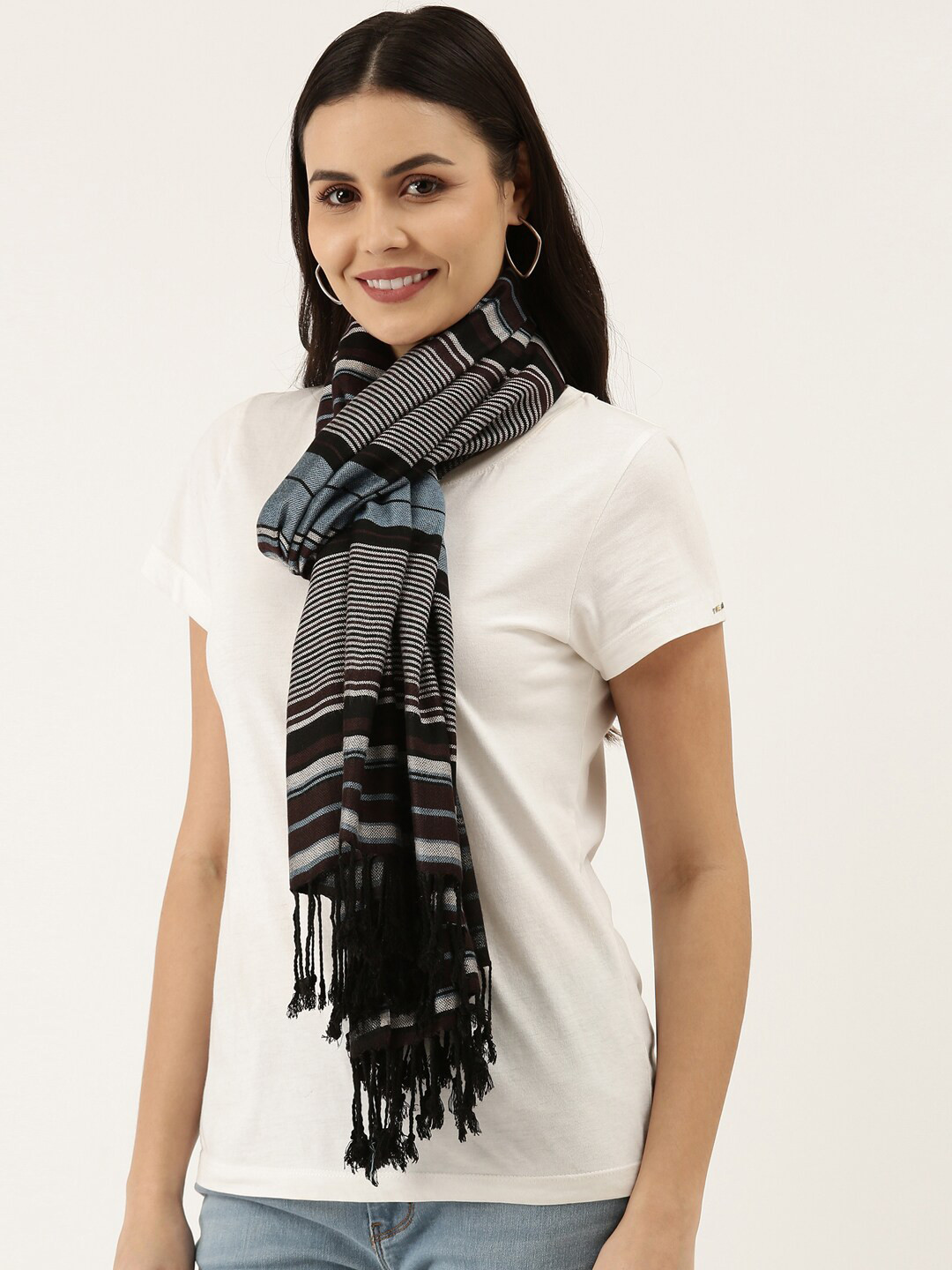 

Pashmoda Women Blue & Grey Striped Stole