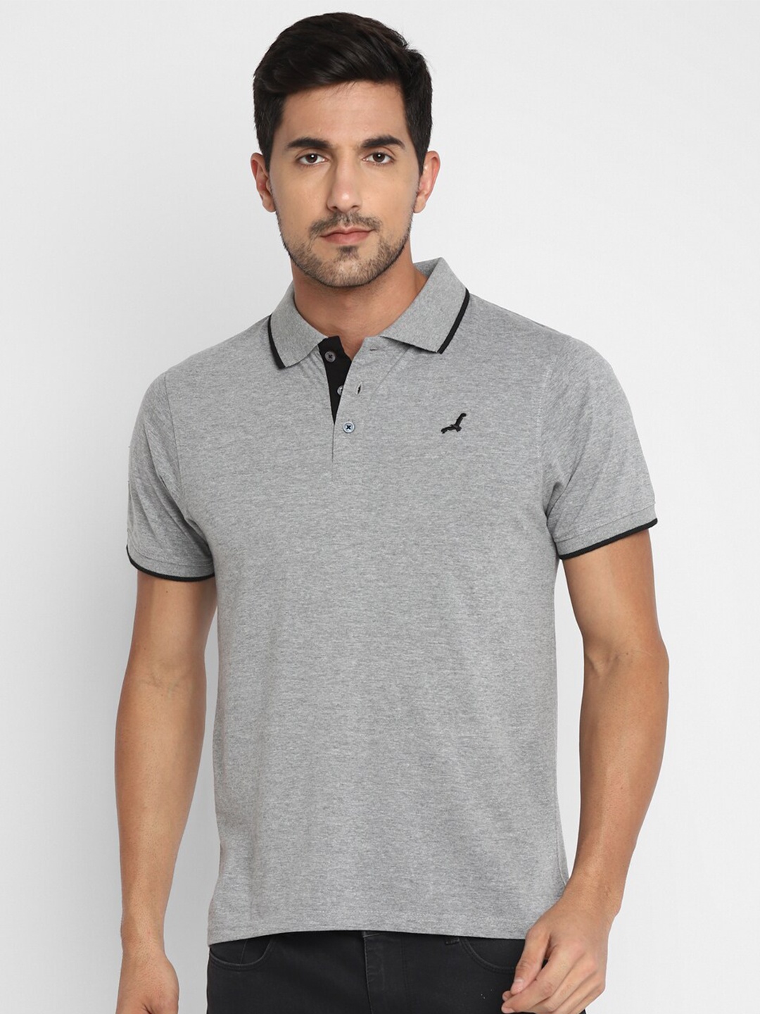 

American Crew Men Grey Melange Polo Collar T-shirt