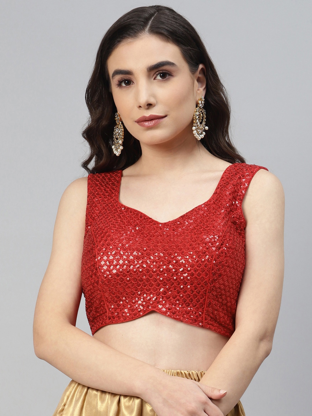 

SHOPGARB Women Red Sequined Georgette Padded Saree Blouse