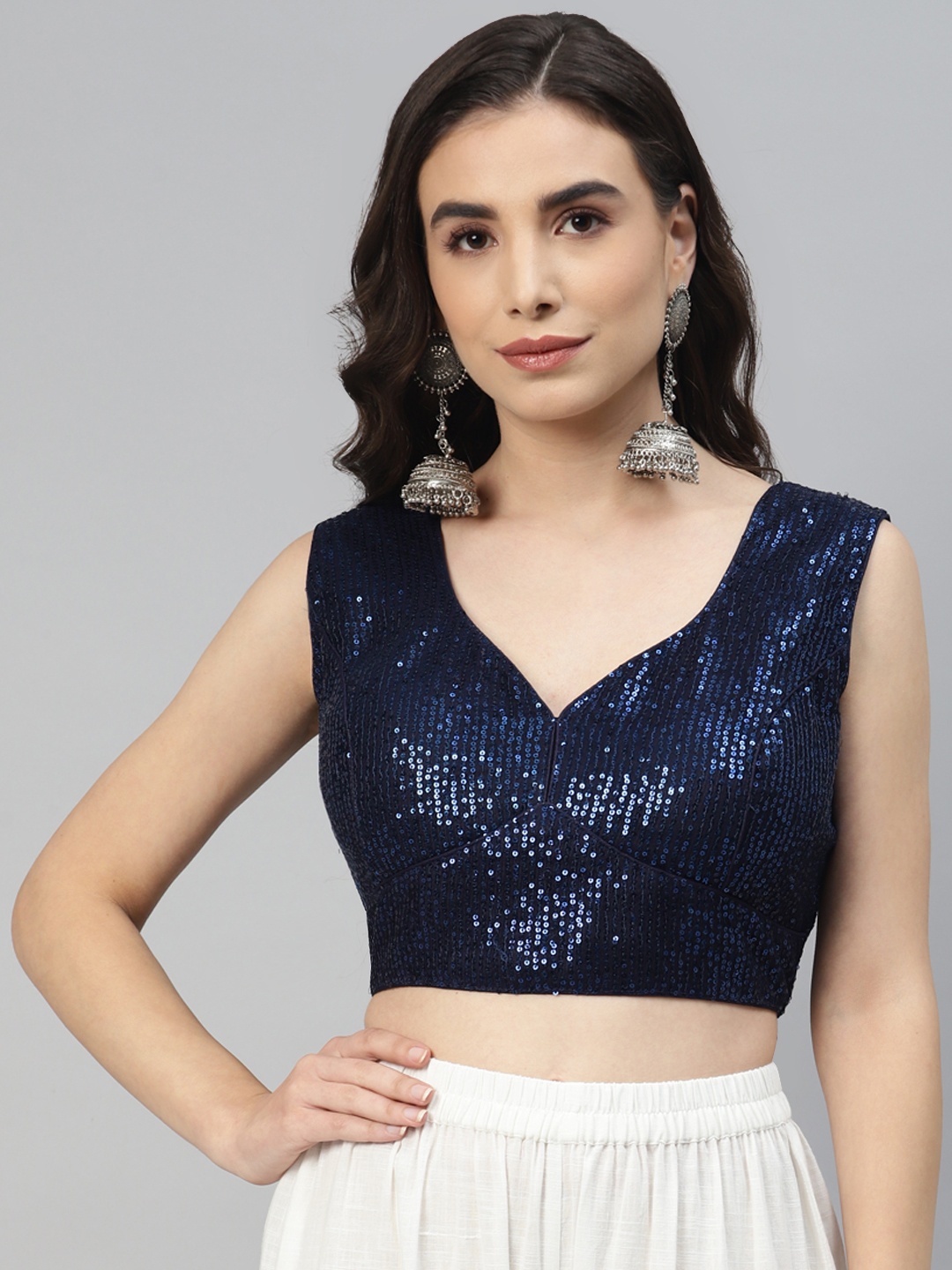 

SHOPGARB Women Navy Blue Sequined Padded Saree Blouse