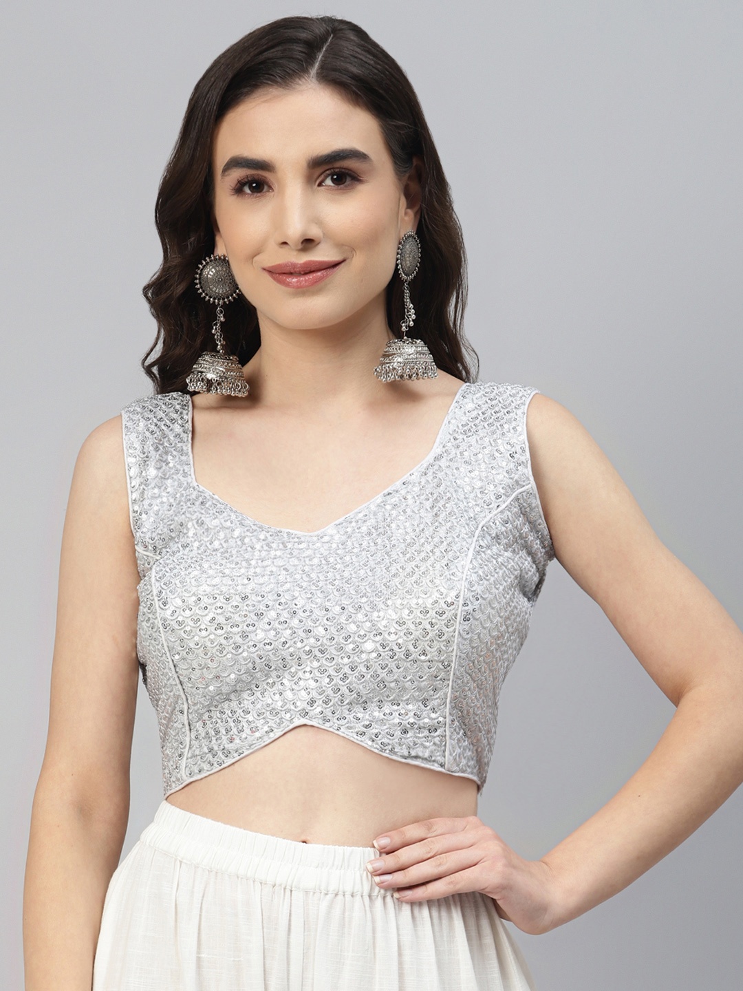

SHOPGARB Women White Sequined Padded Saree Blouse