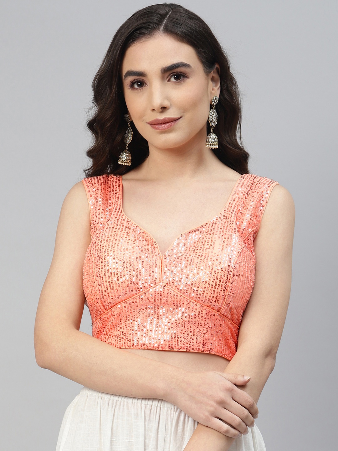 

SHOPGARB Women Peach-Coloured Sequined Padded Saree Blouse