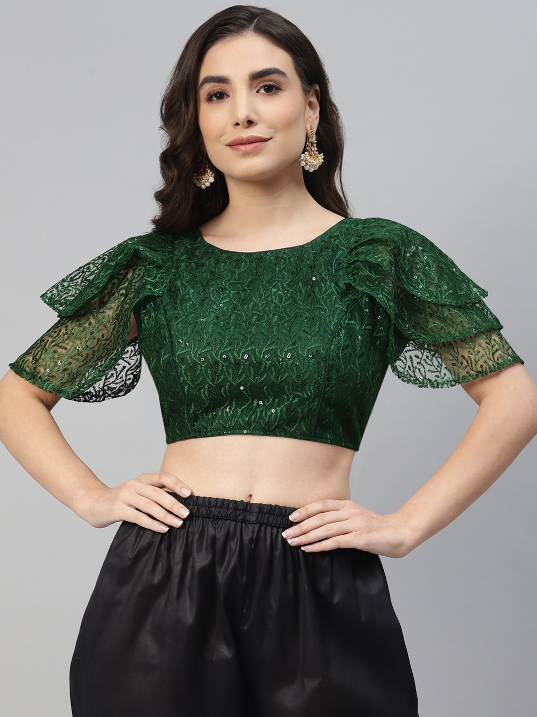 

SHOPGARB Green Sequinned Net Saree Blouse