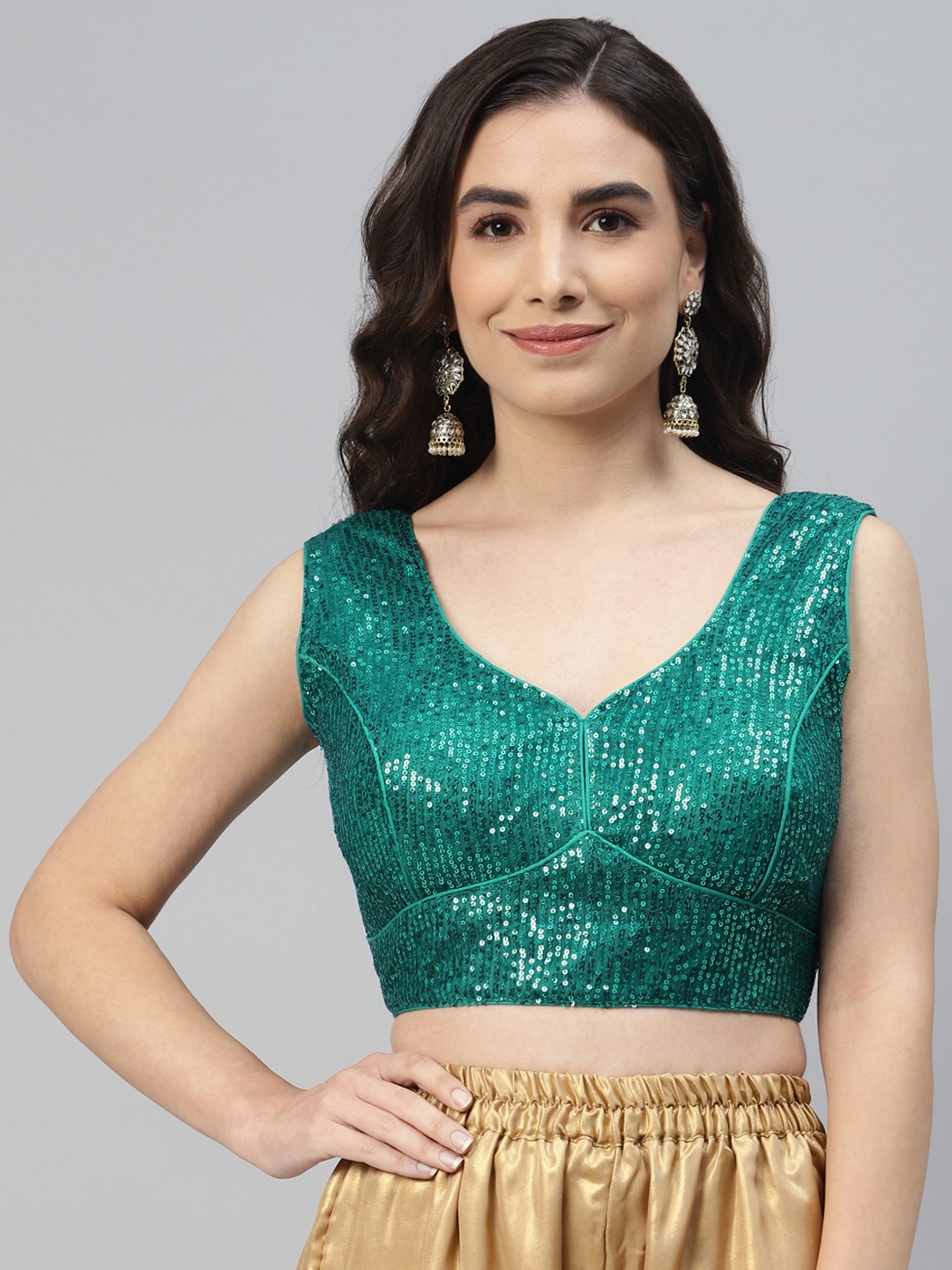 

SHOPGARB Women Teal Green Sequined Padded Saree Blouse