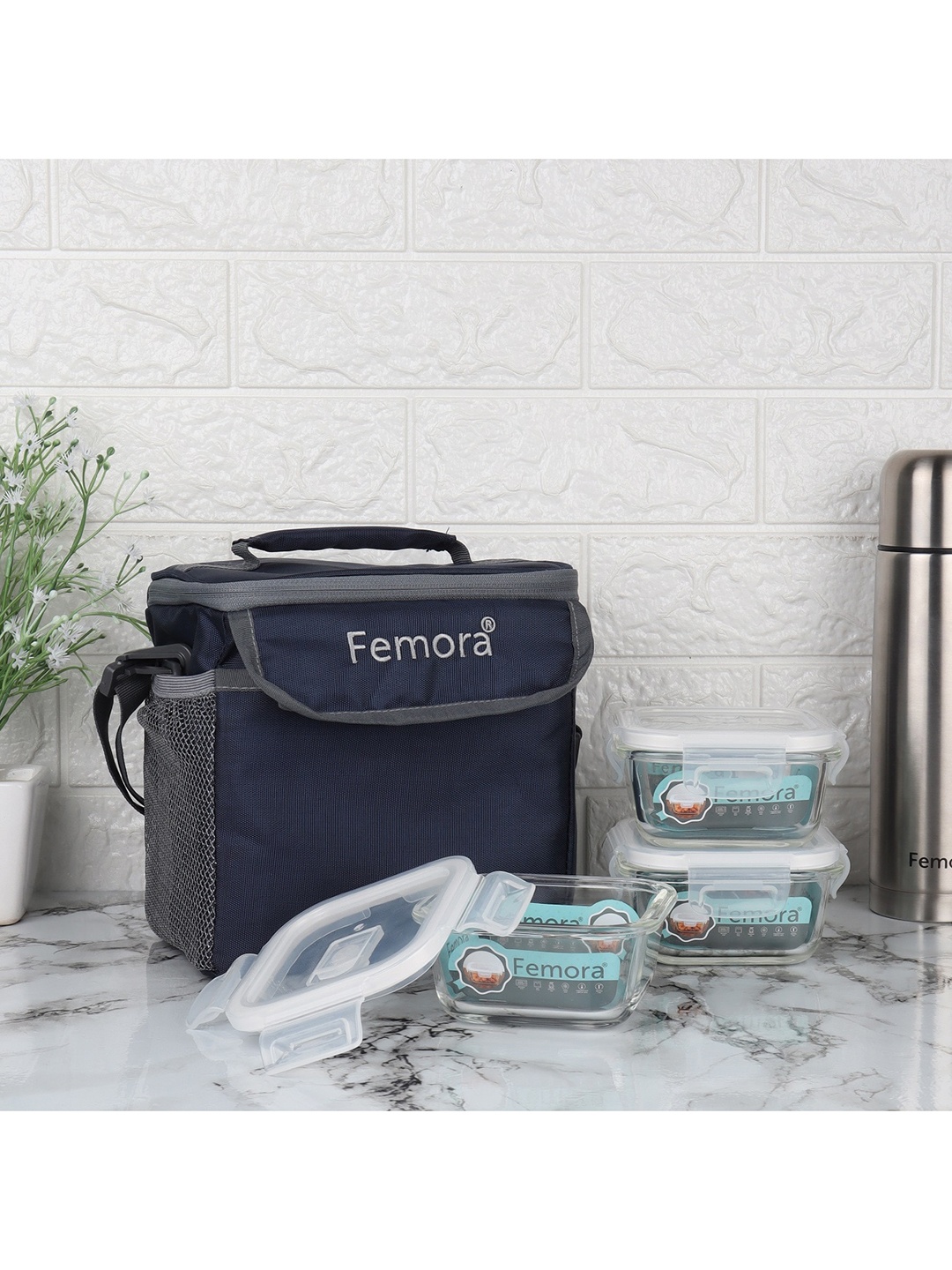 

Femora Blue Set of 3 Borosilicate Container Glass Lunch Box