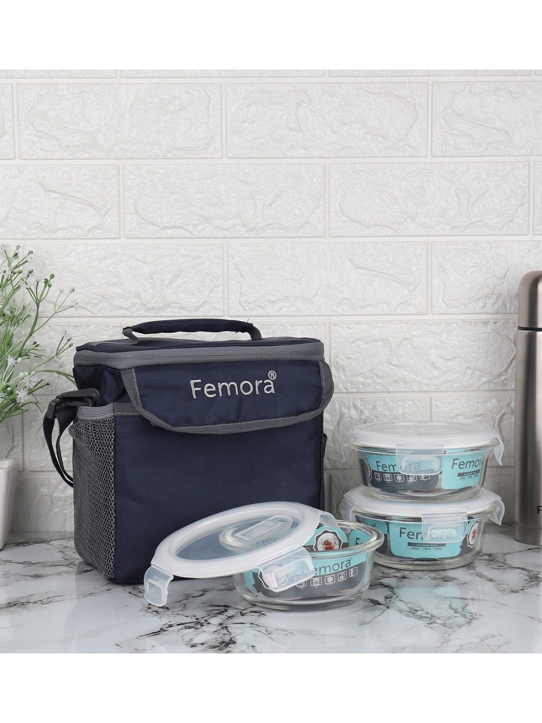Femora Blue & Transparent Set Of 3 Glass Lunch Box With Bag