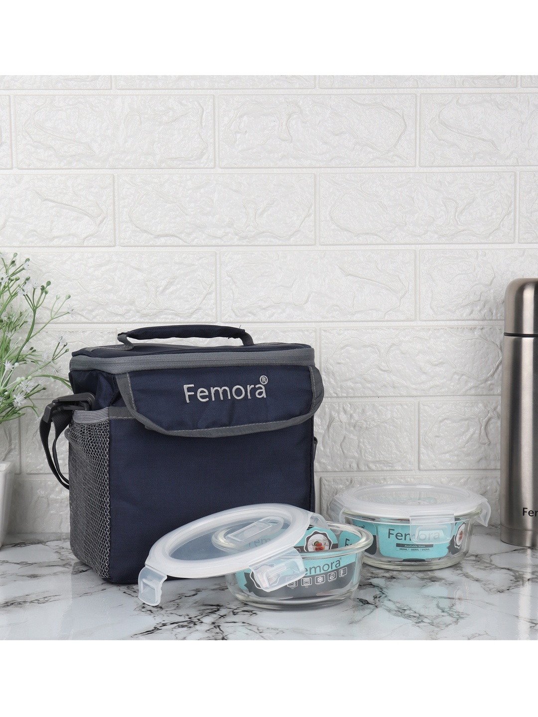 Femora Blue & Transparent Set Of 2 Glass Lunch Box With Bag
