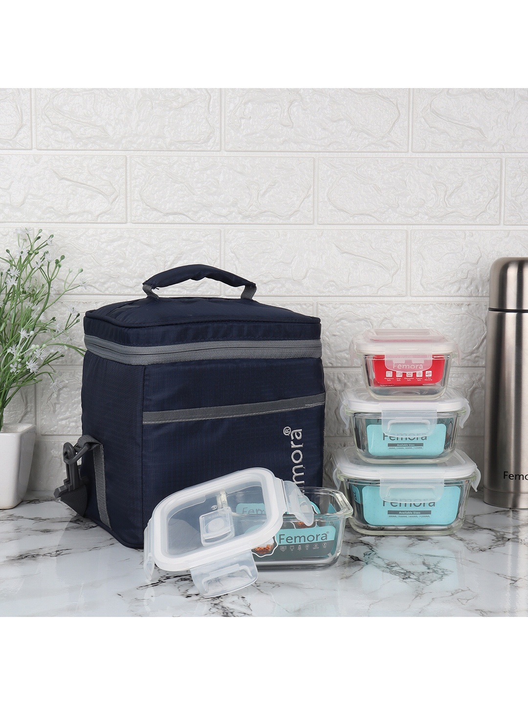 

Femora Blue & Transparent Set Of 4 Glass Microwave Safe Container Lunch Box With Bag