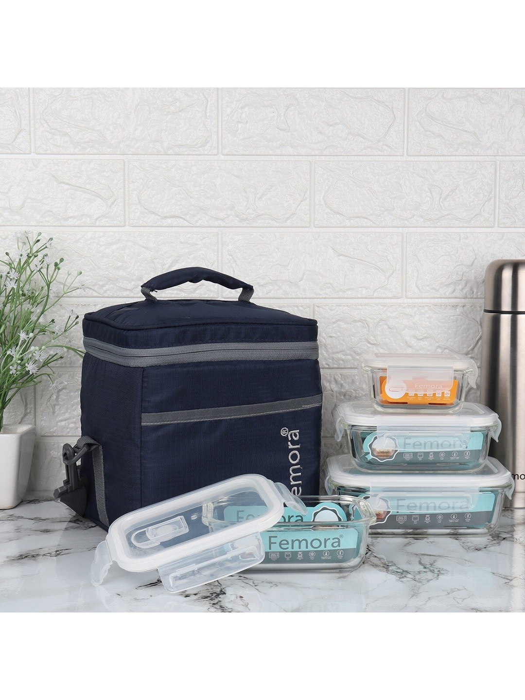 

Femora Blue Set of 4 Borosilicate Glass Microwave Safe Container Lunch Box