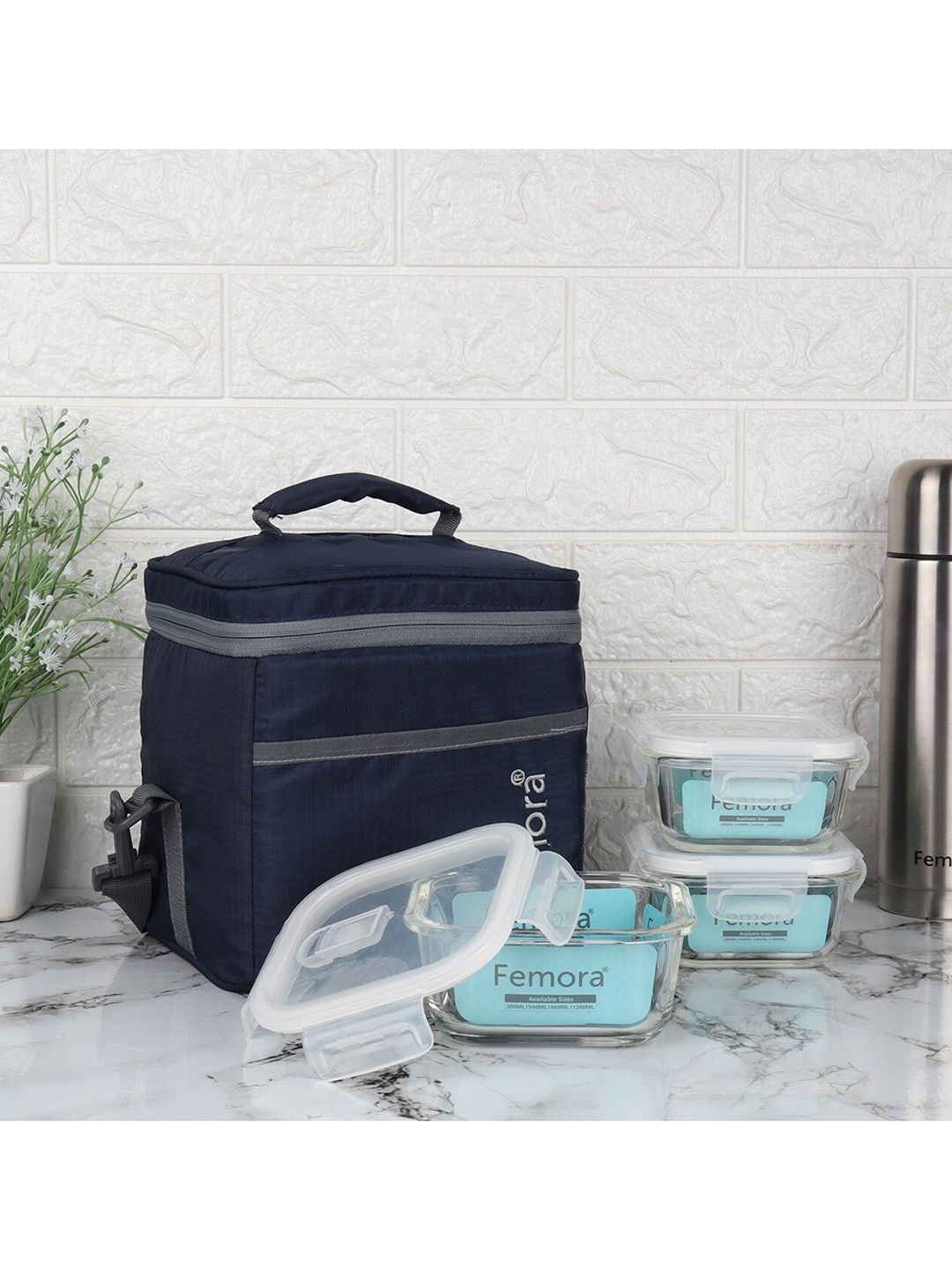 

Femora Blue Set of 3 Borosilicate Glass Microwave Safe Container Lunch Box