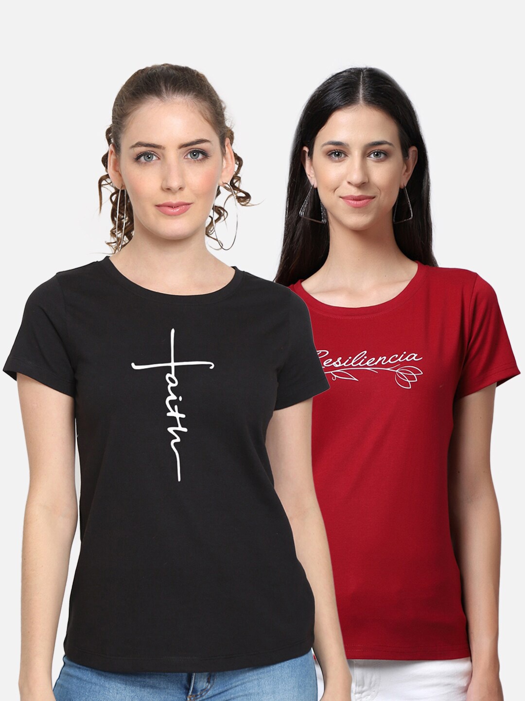 

UnaOne Pack Of 2 Women Maroon & Black Typography Printed T-shirt