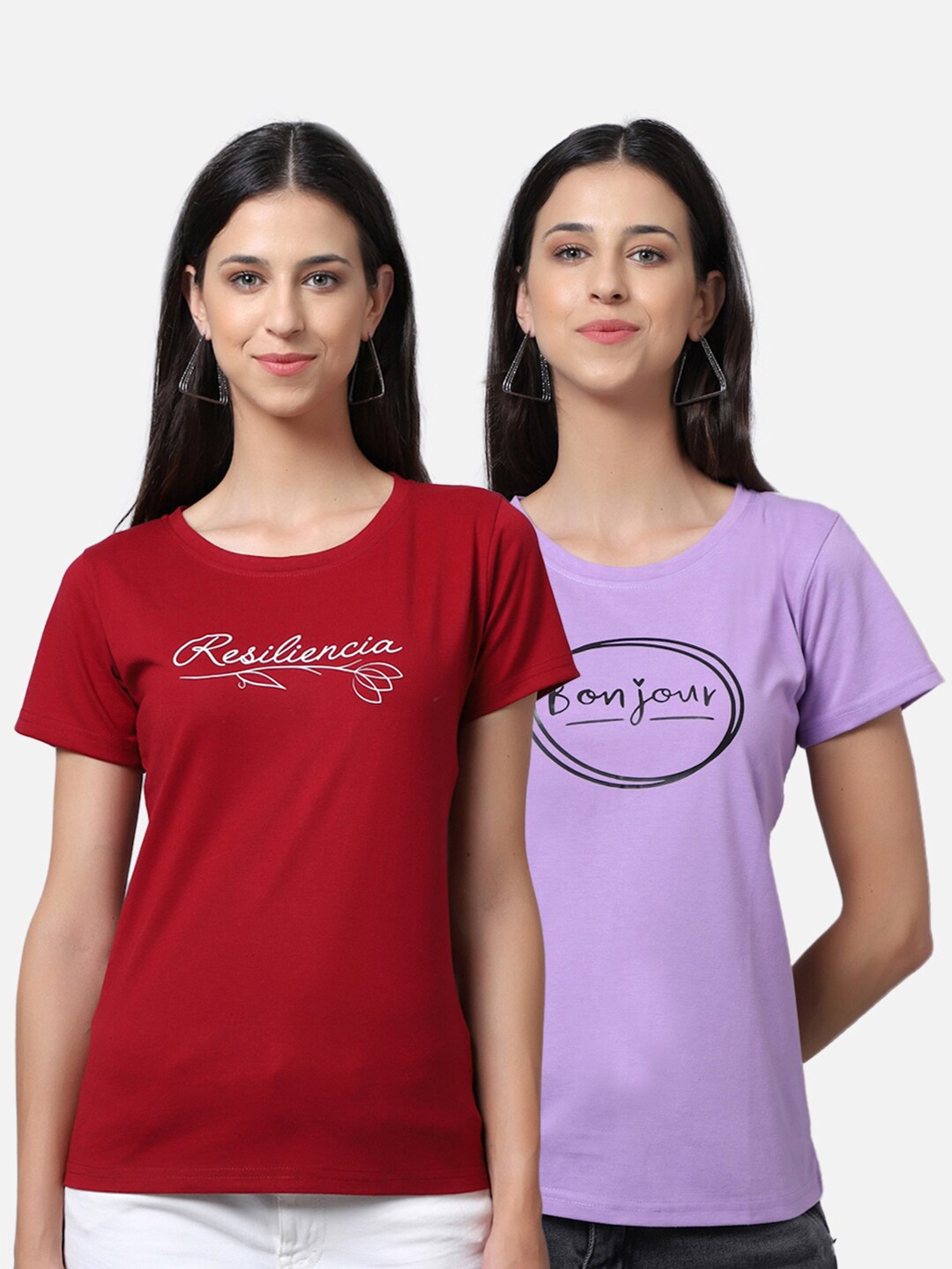 

UnaOne Pack Of 2 Women Maroon & Purple Typography Printed Extended Sleeves T-shirt