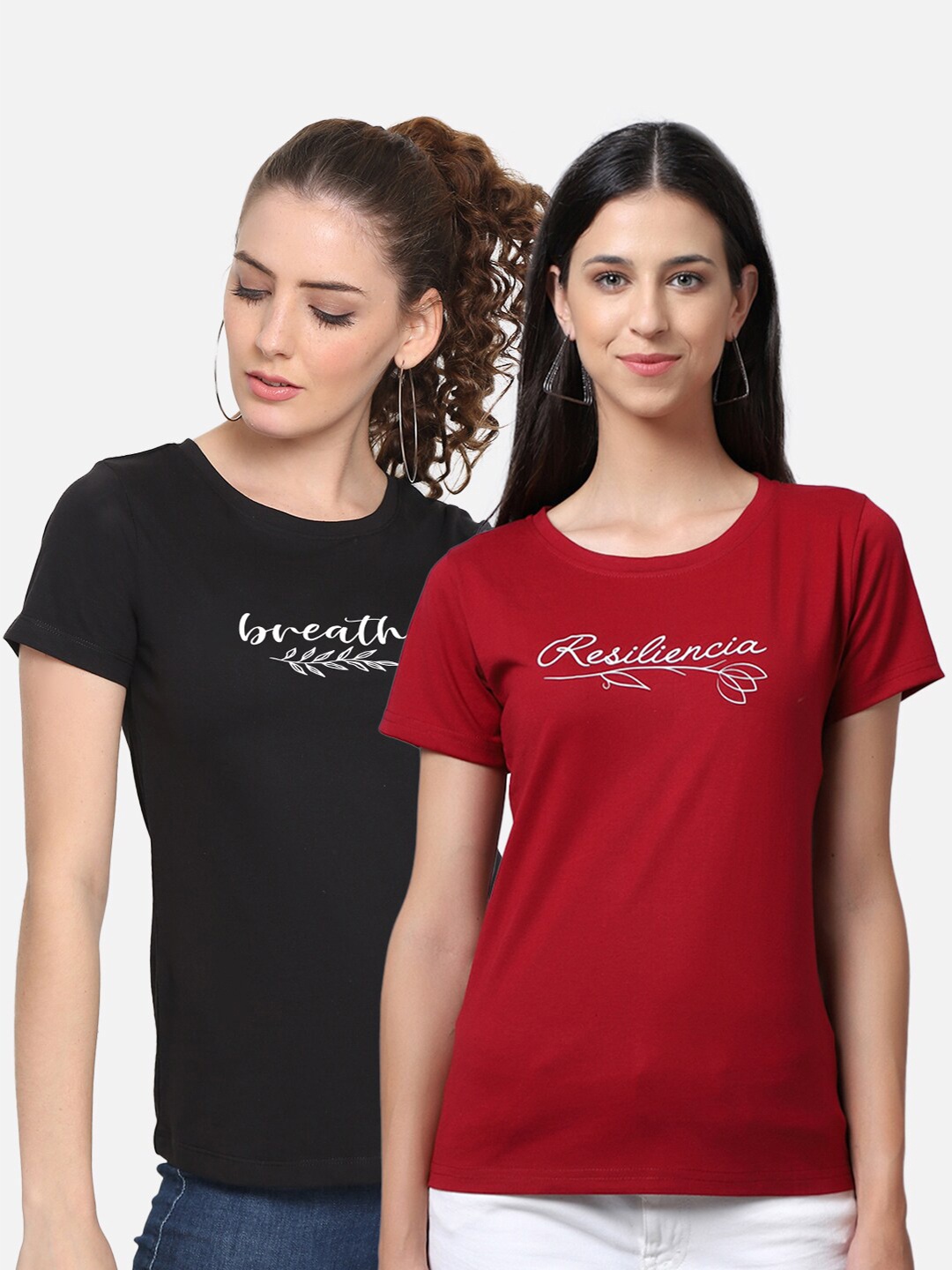 

UnaOne Plus Size Women Pack Of 2 Maroon Typography Pure Cotton T-shirt