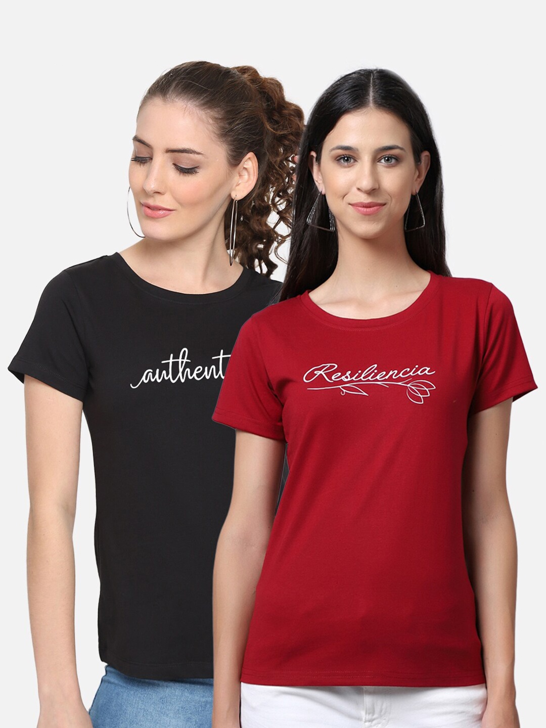 UnaOne Women Maroon & Black 2 Typography Printed Pure cotton T-shirt