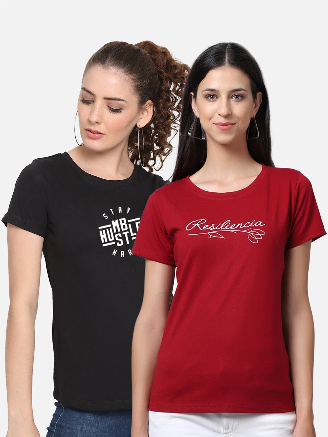 

UnaOne 2 Women Pure cotton Maroon & Black Typography 2 Printed T-shirt