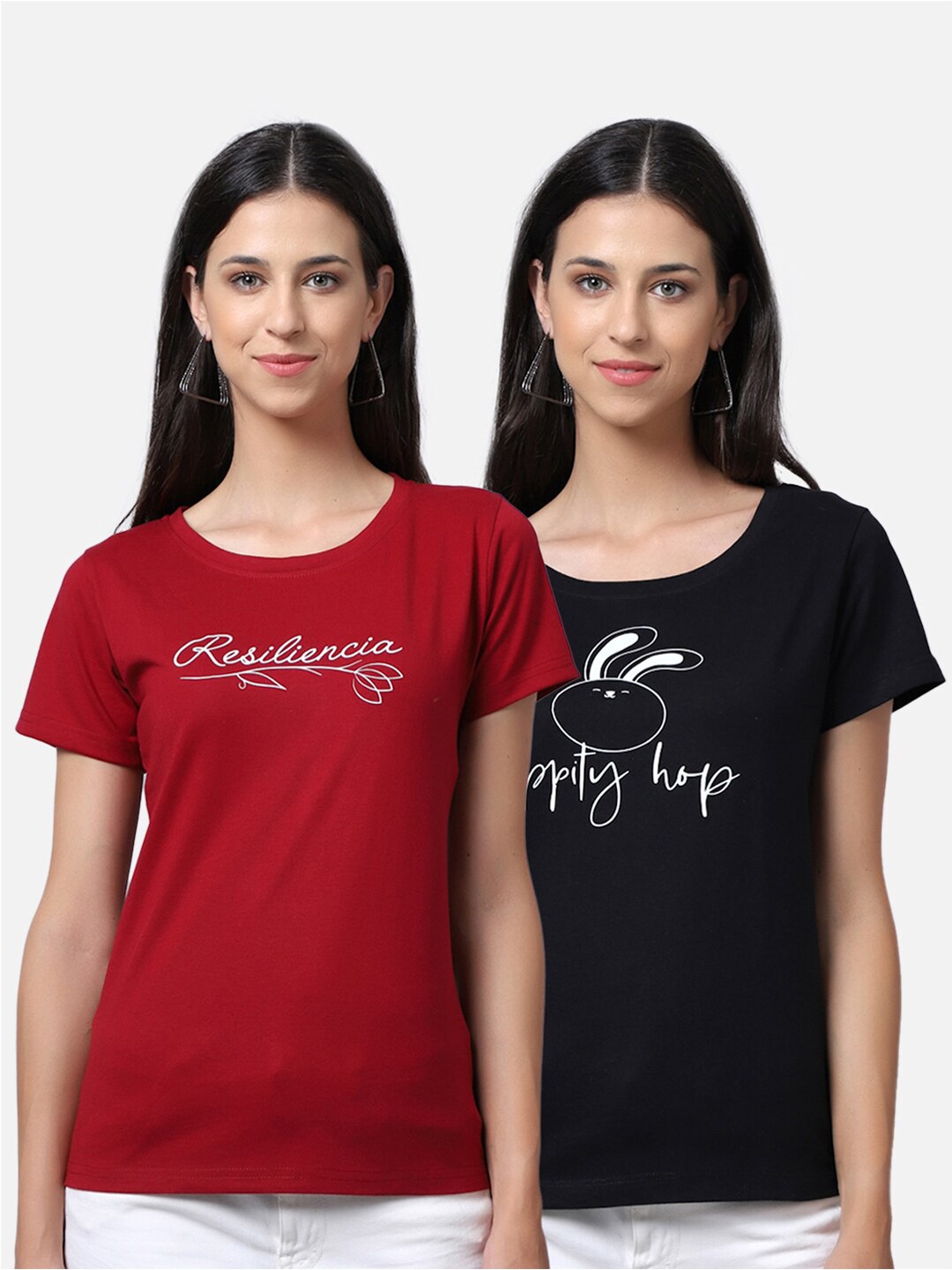 

UnaOne Women Pack Of 2 Maroon & Black Typography Printed Pure Cotton T-shirt