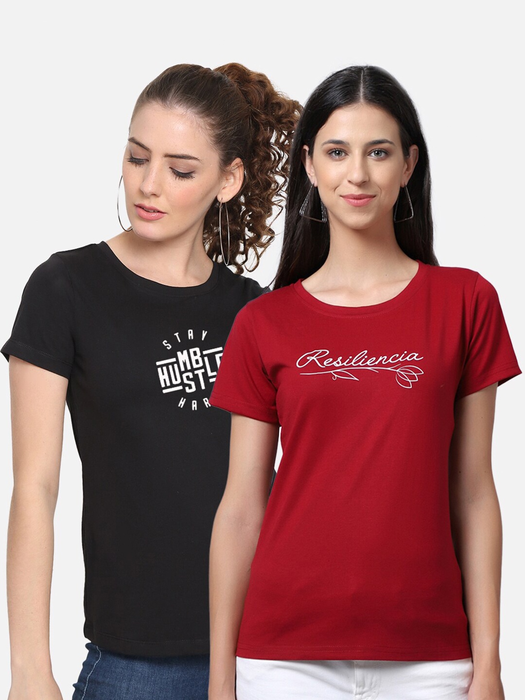 

UnaOne Women Pack Of 2 Maroon & Black Typography Printed Pure Cotton T-shirt