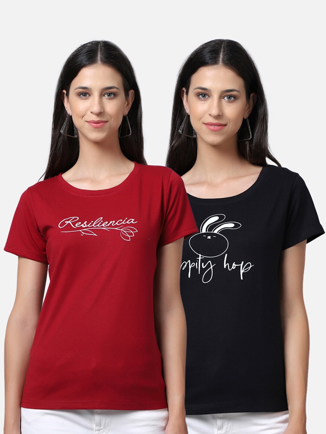 

UnaOne Women Pack Of 2 Maroon & Black Typography Pure Cotton Printed T-shirt