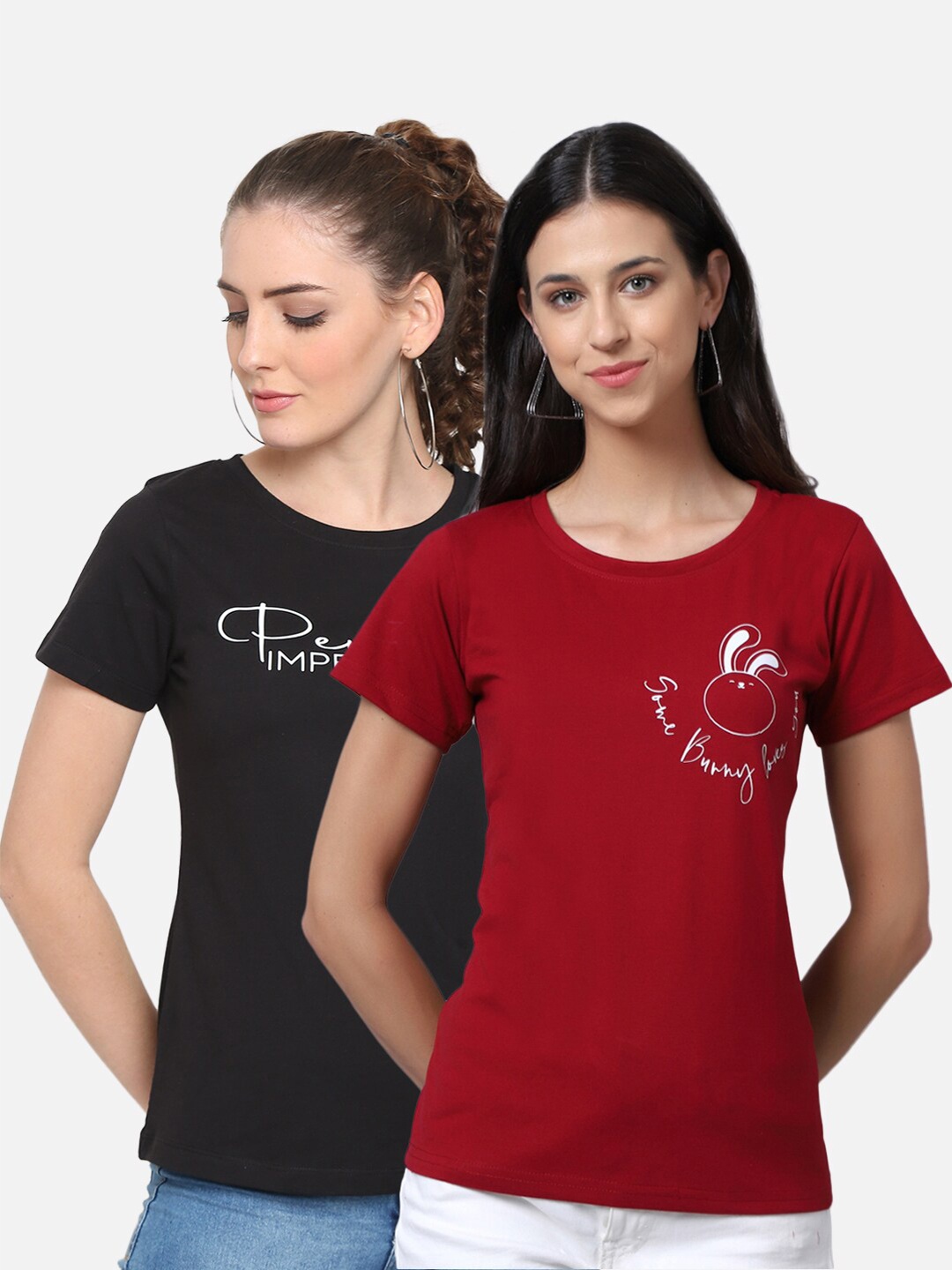 

UnaOne Women Pack Of 2 Maroon & Black Printed Pure Cotton T-shirt