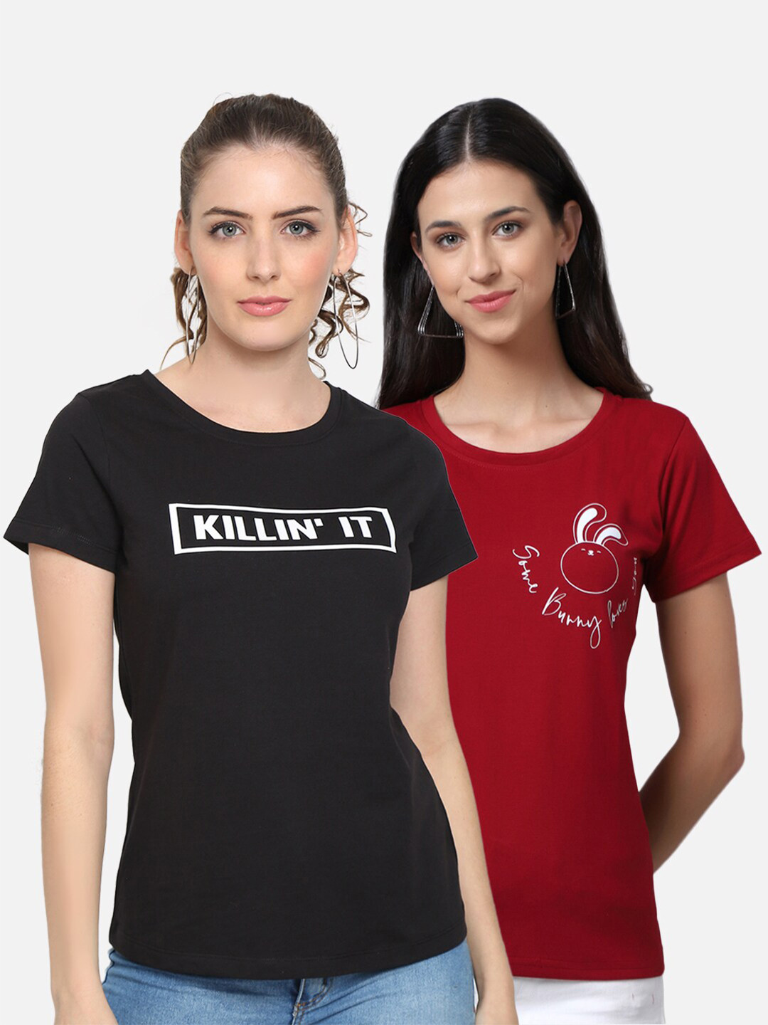

UnaOne Women Pack of 2 Maroon & Black Typography Printed Pure Cotton T-shirt
