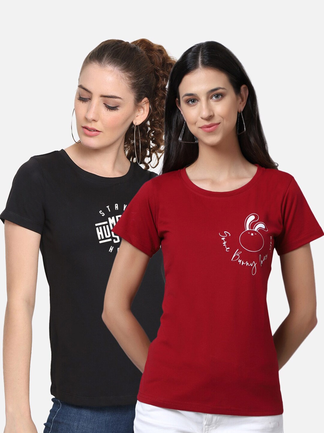 

UnaOne Women Pack Of 2 Maroon & Black Typography 2 Printed Cotton T-shirt