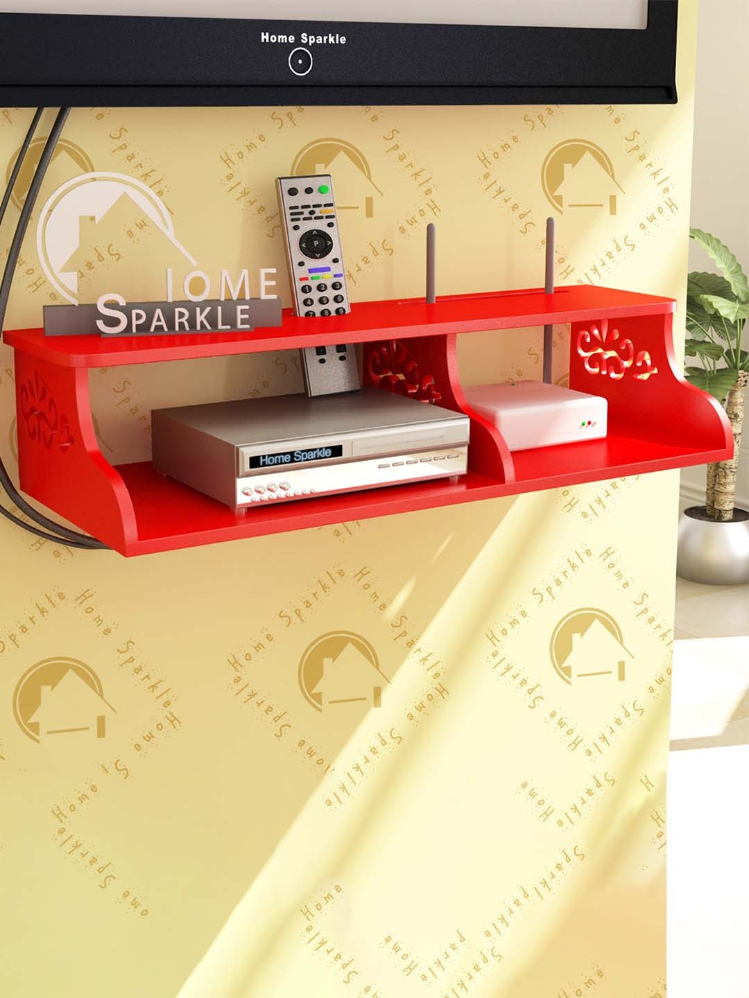 

Home Sparkle Red MDF Wall Mounted TV Unit with 2 Wooden Carved Open Shelf Storage
